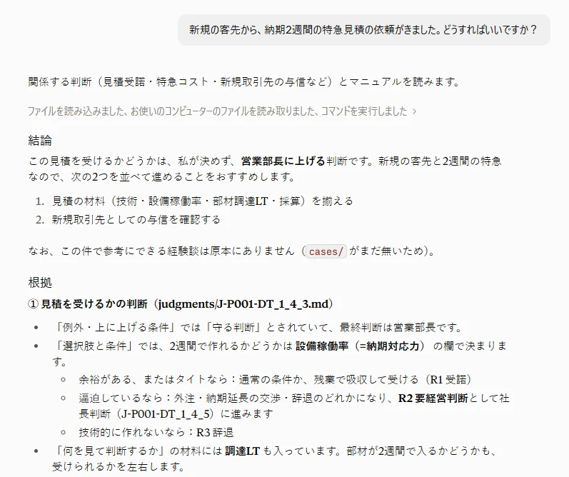 判断の指南役(Claude Cowork)の答え。新規の客先からの特急見積の相談に、結論(営業部長に上げる判断)と根拠(図書館の見積受諾可否の判断の、どの欄に書いてあるか)を返している